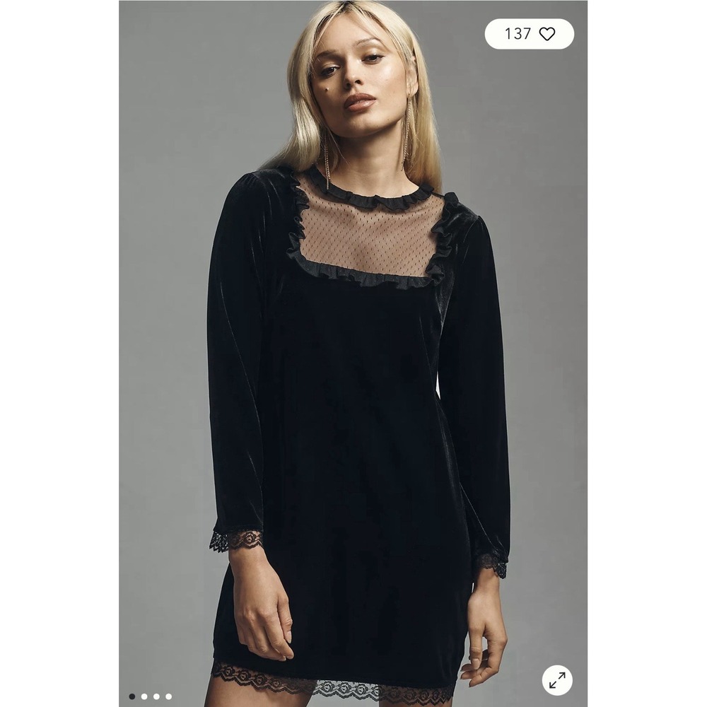 NWT Anthropologie Maeve Black Velvet Mesh Lace Trim Mini Dress XL Whimsigoth